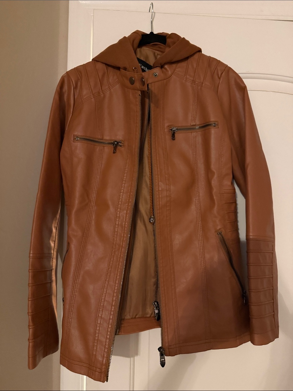 Women’s Tan Faux Leather Zip-Up Jacket with Hood